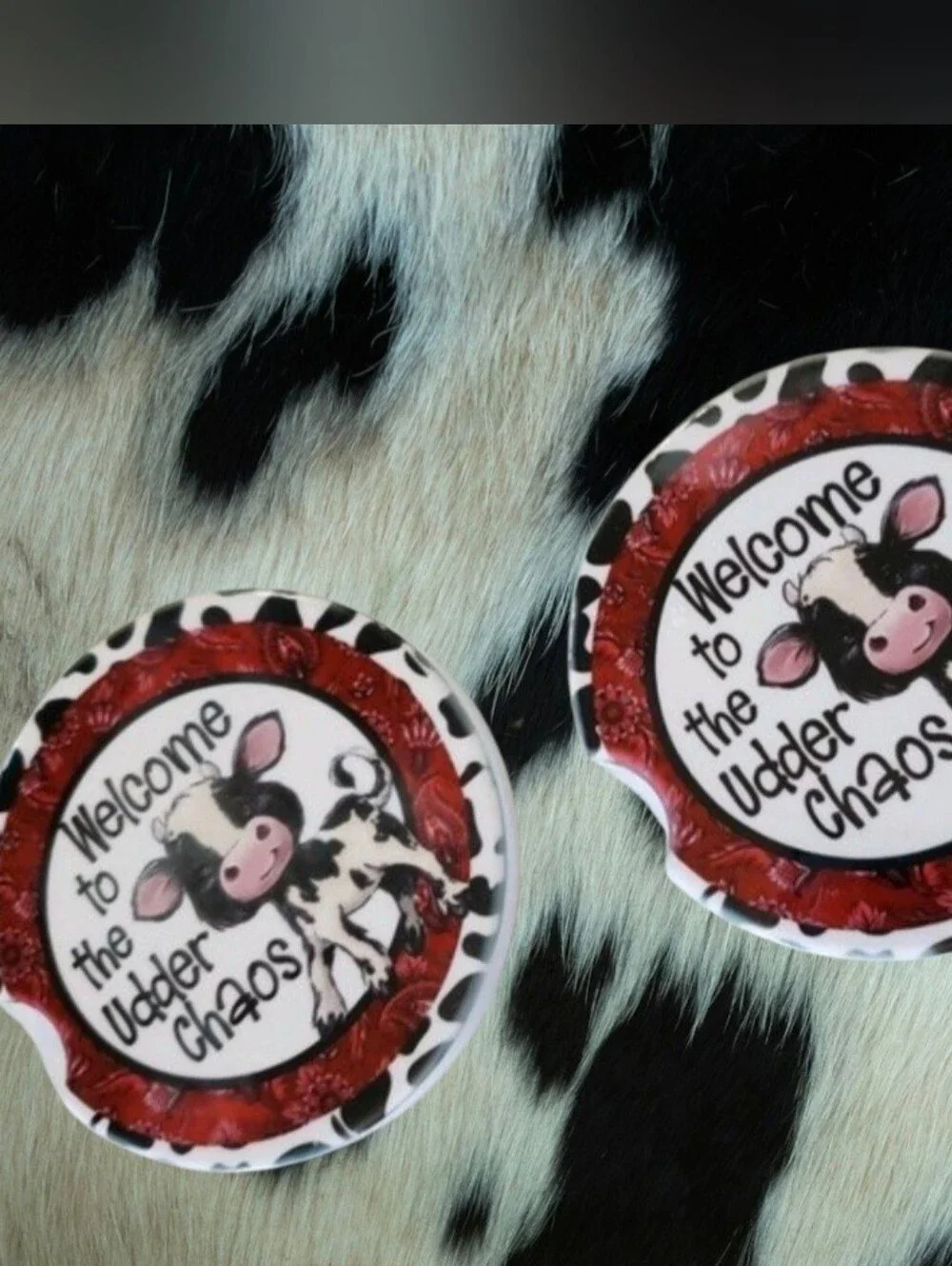 Set Of 2 Ceramic Car Coasters Welcome to the Udder Chaos Cow
